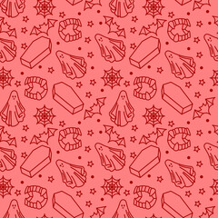 Red Halloween Spooky Line Drawings Seamless Pattern, Repeat Pattern