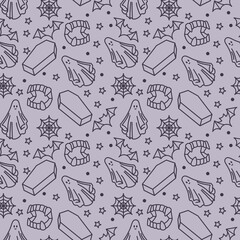 Blue Purple Spooky Line Drawings Seamless Pattern, Repeat Pattern