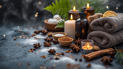 A serene spa setup featuring candles, aromatherapy oils, and neatly folded towels. The scene is adorned with natural elements like star anise, cinnamon sticks, and green ferns, creating a calming and
