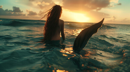 Fototapeta premium Mermaid silhouette in the ocean at sunset with tail 