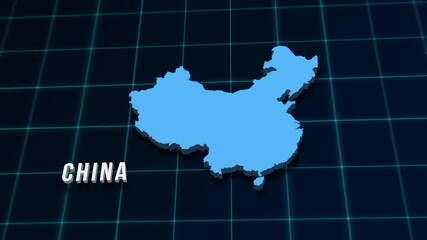 China republic digital geographic map 3d video on coordinates grid intro news. East asian country geographic background 4K animation opener