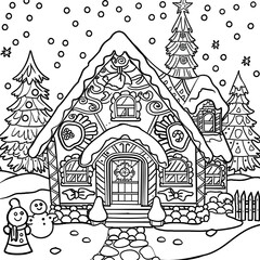 Fairy tale gingerbread house coloring page for children and adults. Stress relieving coloring activity for kids and adults. 