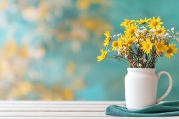 Mochup de produto com fundo de madeira com arranjo de flores de margarida