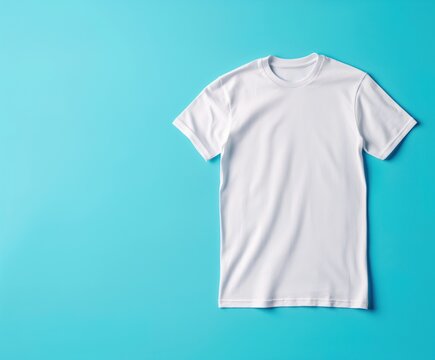 A imagem &eacute; um mockup de uma camiseta branca exibida contra um fundo azul