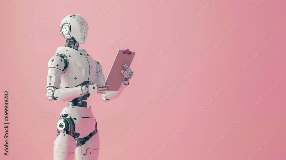 Poster White robot holding a clipboard against a pink background. Concept of robotics in data collection and management.