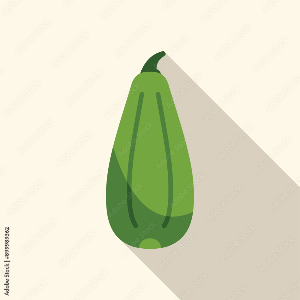 Sticker green zucchini squash icon in flat style showing long shadow on a light beige background