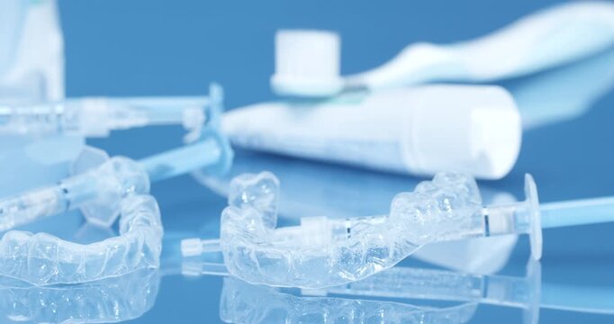 A Must-Have Kit for Teeth Whitening. Whitening Splints. Gel to Apply to Splints, Toothpaste and Brush for Post-Whitening Care.