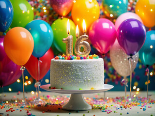 Vibrant balloons and colorful confetti surround a giant, glittery 16 candle on a white cake, symbolizing the excitement and joy of a sweet sixteen birthday.