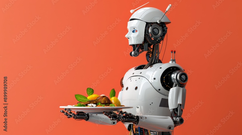 Poster robot serving a dish against an orange background. concept of robotic assistance in culinary and hos
