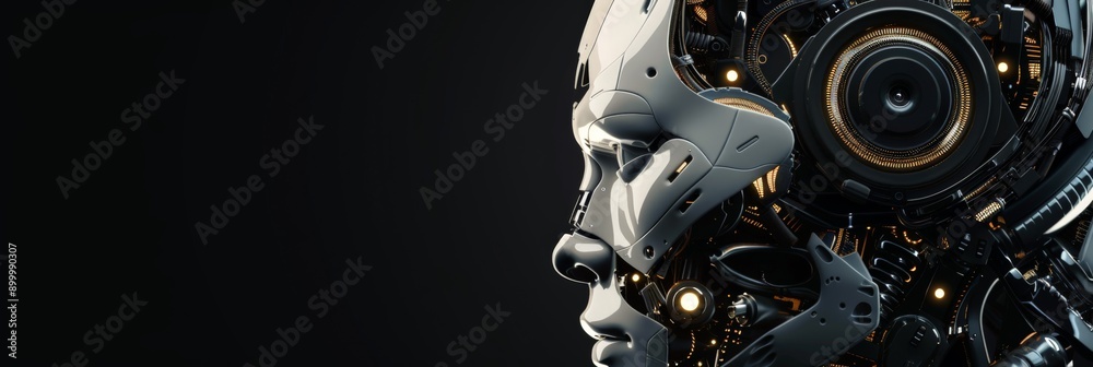 Poster side profile of a futuristic humanoid robot with advanced optics and mechanical details. represents 