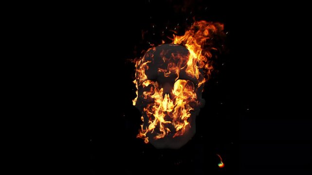 Skull on fire, flaming skull, visual effect element - 60 fps, 4K Pro Res with mask pass