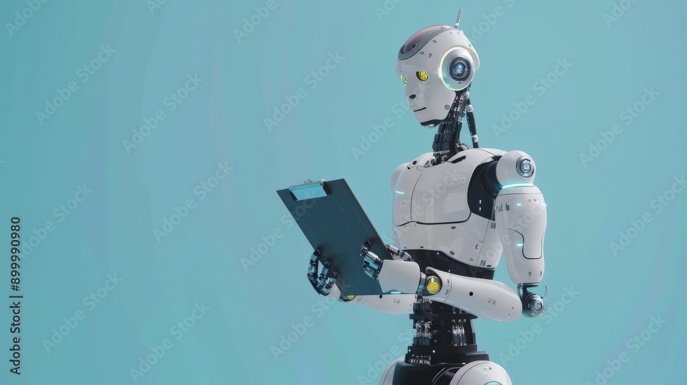 Poster humanoid robot reading a clipboard against a blue background. future technology and data analysis co