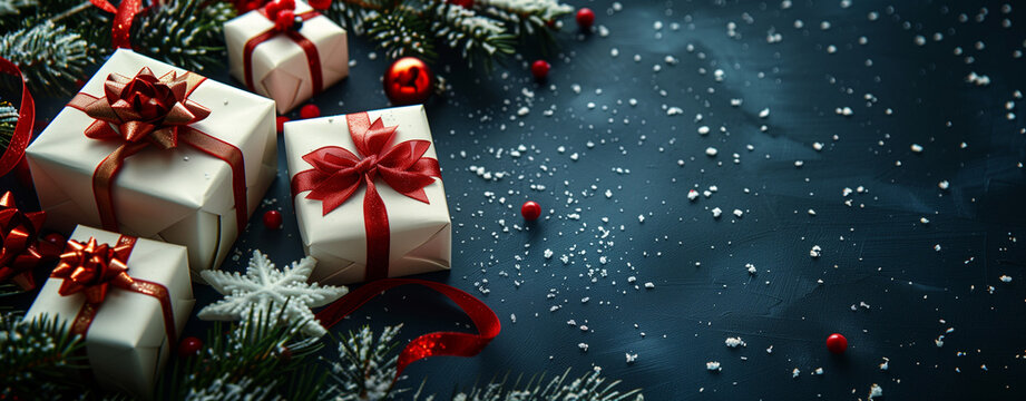 Banni&egrave;re et background de No&euml;l. Merry Christmas and Happy Holidays. Cadeaux emball&eacute;s avec rubans rouges, branches de sapin, boules de No&euml;l rouges, pommes de pin et flocons de neige sur fond bleu.