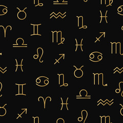 Vector seamless pattern of linear golden zodiac signs on black background.
