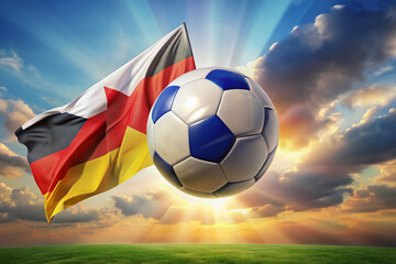 Fototapeta premium Vibrant liquid flags of Germany and Scotland collide in mid-air, surrounding a soccer ball, evoking excitement for the highly anticipated European championship group stage showdown.