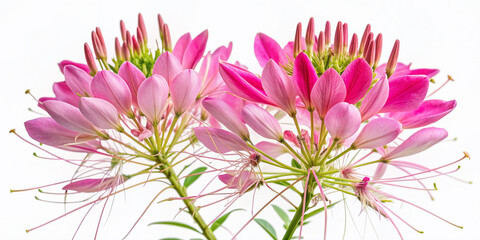 Obraz premium Delicate pink Cleome flowers with intricate details and slender stems isolated on a pure white background, showcasing their elegant beauty.