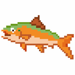 Fototapeta premium A pixelated fish with a green head and orange tail