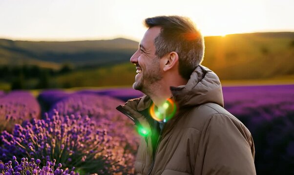 Medium shot portrait video of a grinning man in his 40s that is wearing a warm parka against a lavender field or flower farm background