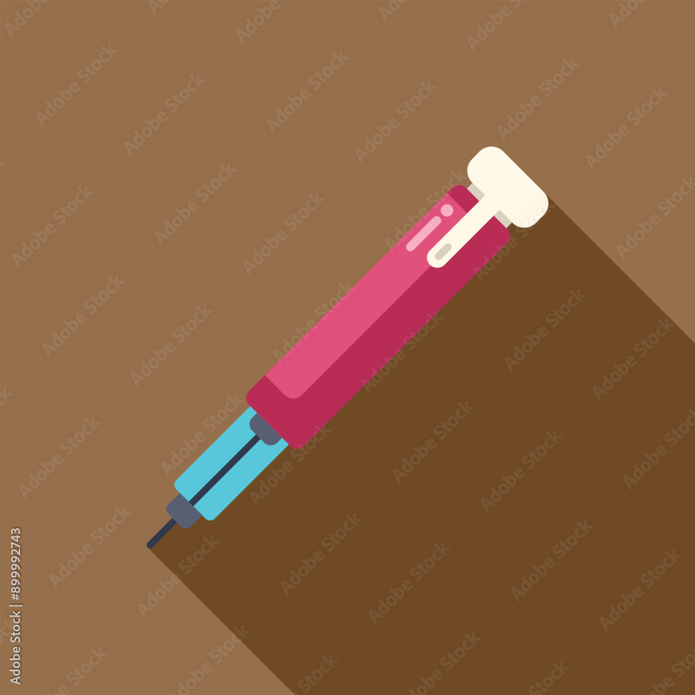 Sticker Pink syringe laying on a brown surface, depicted in a minimalist flat design with a long shadow