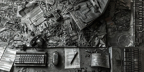 Fototapeta premium Soldier's Duty Station: A functional desk with a computer, papers, and various military-related items like a gun holster and a hat.