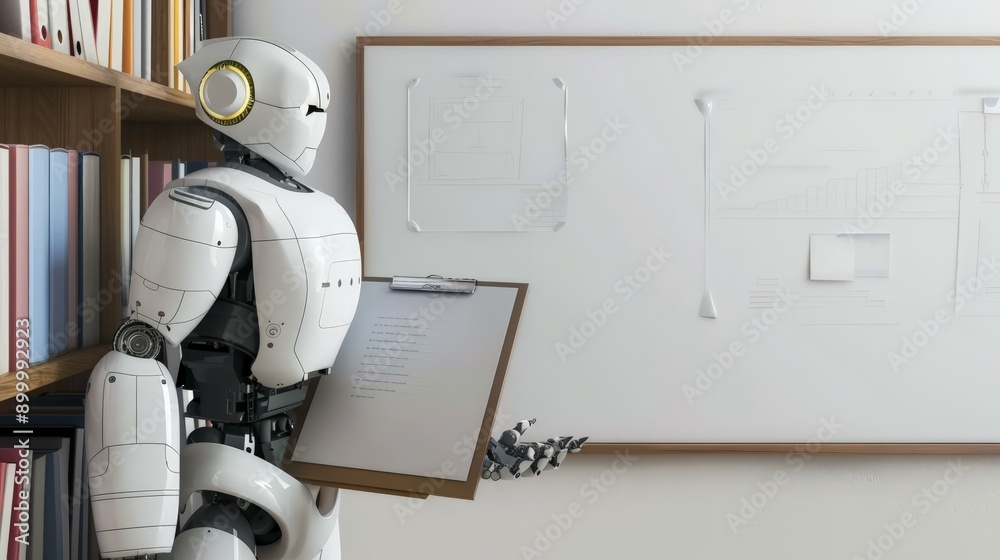 Poster robot holding clipboard in modern office setting with whiteboard in background. futuristic workplace