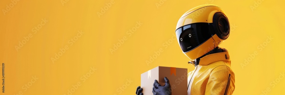 Poster yellow robot holding a package against a vibrant yellow background. concept of robotics in delivery 