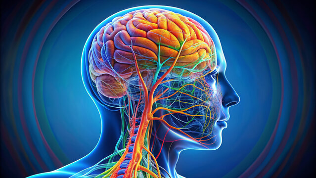 Vibrant 3D anatomical illustration of the human brain and upper spinal cord reveals intricate structure and complex vascular network in stunning detail for educational reference.