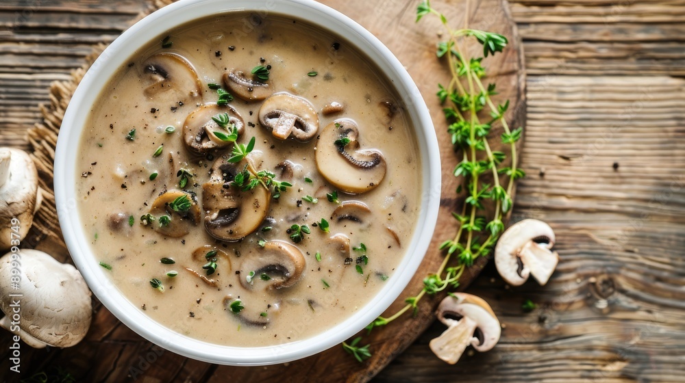 Wall mural creamy mushroom soup served in a white bowl on a wooden surface