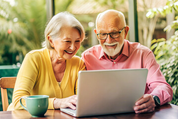 Obraz premium Man and woman aged with gray hair joyfully looking at open laptop at table, mastering computer, communicating, getting educated