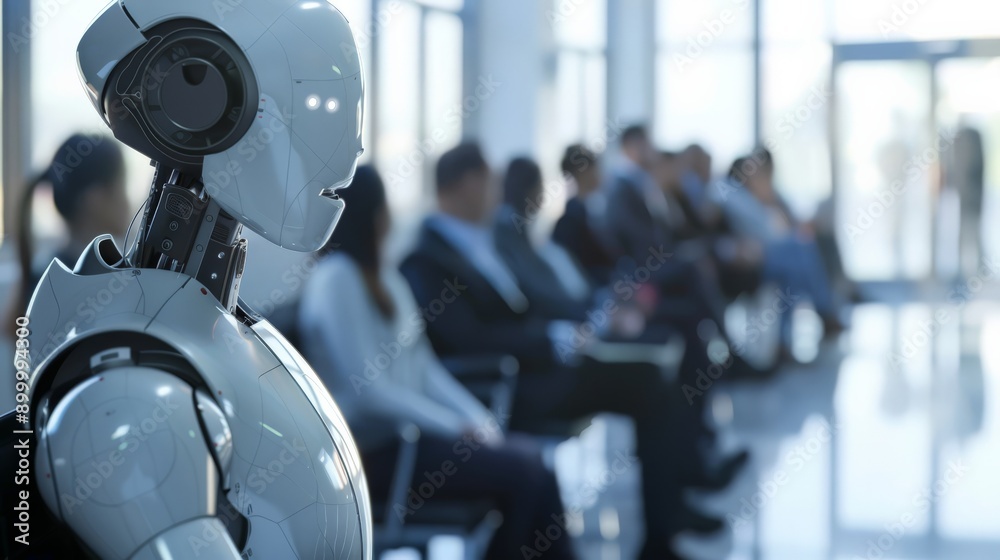 Poster robot in a lineup with people in a modern setting, focusing on futuristic technology. this image rep