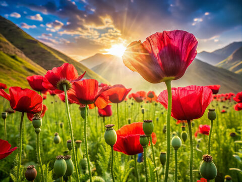 Vibrant red opium poppy heads sway gently in a lush green field, their delicate petals unfolding, as the sun casts a warm glow on the Afghan landscape.