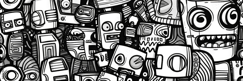 Aufkleber Black and white doodle art with various robot faces and mechanical elements. Concept of playful robotic illustrations and creative design.