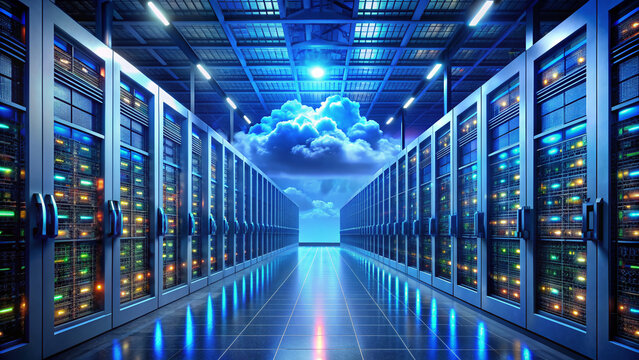 State-of-the-art cloud storage facility featuring rows of supercomputers and servers, symbolizing efficient data management, artificial intelligence, and robust backup capabilities.