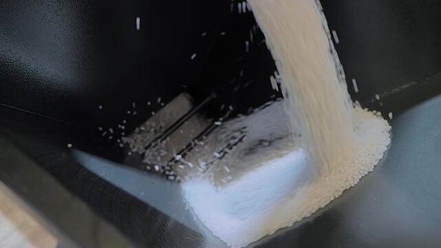 Plastic pelletizer recycling machine: recycled plastic granules, pellets are falling into container - final stage: collecting, close up, slow motion. Reuse, waste reduction and sustainable concept