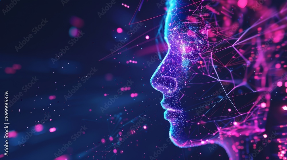 Aufkleber Digital face profile with neon lights and connecting lines, representing AI and futuristic technology. Perfect for modern and high-tech concepts.