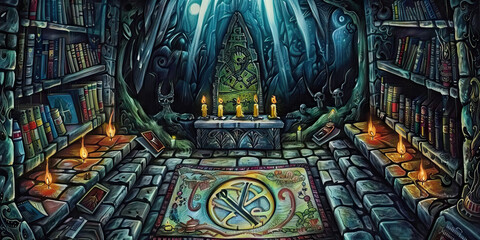 Crimson Chamber: A dimly lit room filled with old books, candles flickering on a stone altar.