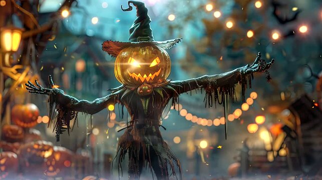 The Pumpkin King, ruler of the Halloween realm. seamless looping time-lapse virtual 4k video animation