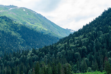 Aerial View of a Mountain Valley in the Caucasus Mountains