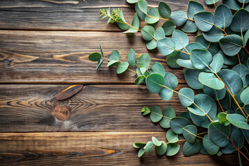 Freshly cut eucalyptus branches with fragrant leaves scattered on a distressed wooden plank, offering ample negative space for eco-friendly design elements or natural-themed text overlays.
