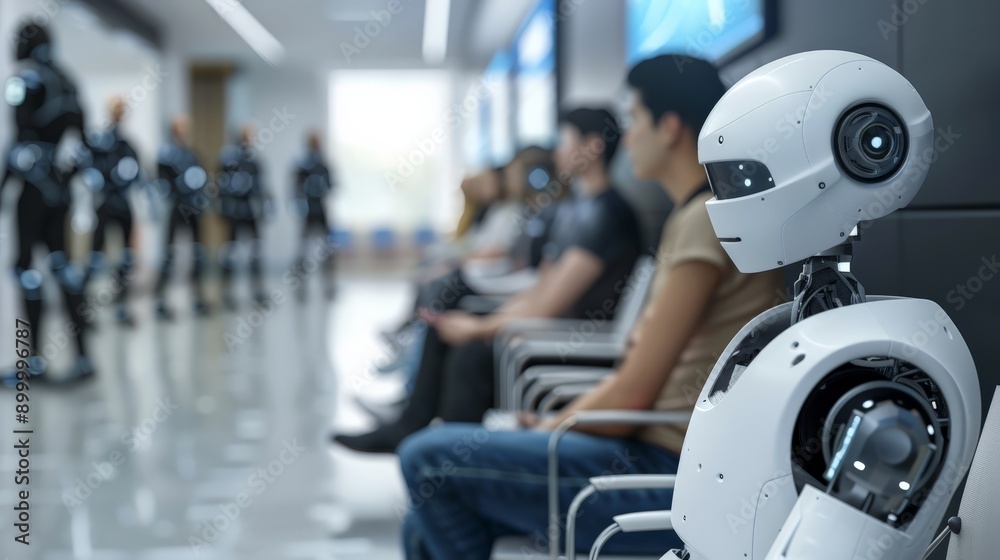 Poster robot sitting in a high-tech waiting room with blurred human figures in the background. blend of ai 