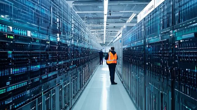 Two individuals in work attire stand among rows of server racks in a brightly lit data center