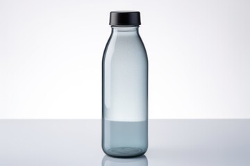 Empty Glass Bottle with Black Lid on White Background