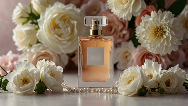 perfume bottle mockup with pearl and flowers background