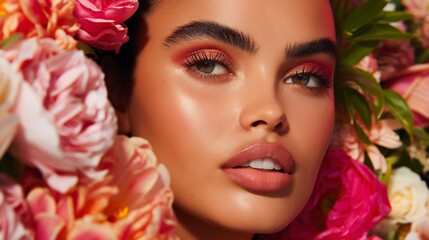 Naklejka premium A woman with a pink flower crown is wearing makeup. The flowers are pink and orange, and the woman's makeup is also pink and orange. The image has a playful and whimsical mood
