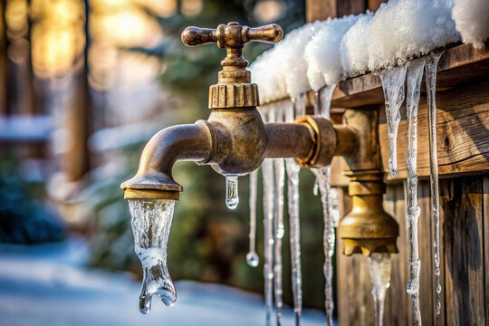 Frozen outdoor faucet with icicles and snow covering it, emphasizing the importance of winterization to prevent pipe damage and ensure safe home maintenance practices.