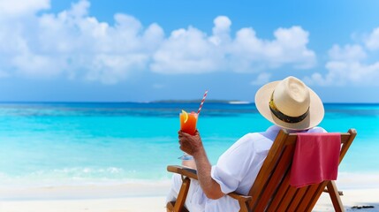 A man is sitting on a beach chair with a straw in a glass of orange juice. The beach is calm and peaceful, and the man is enjoying his drink and the view
