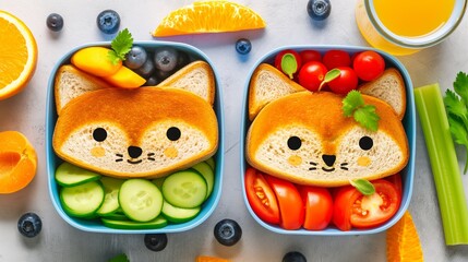 Two bowls of food with a cat on top of them. The bowls are filled with vegetables and fruits