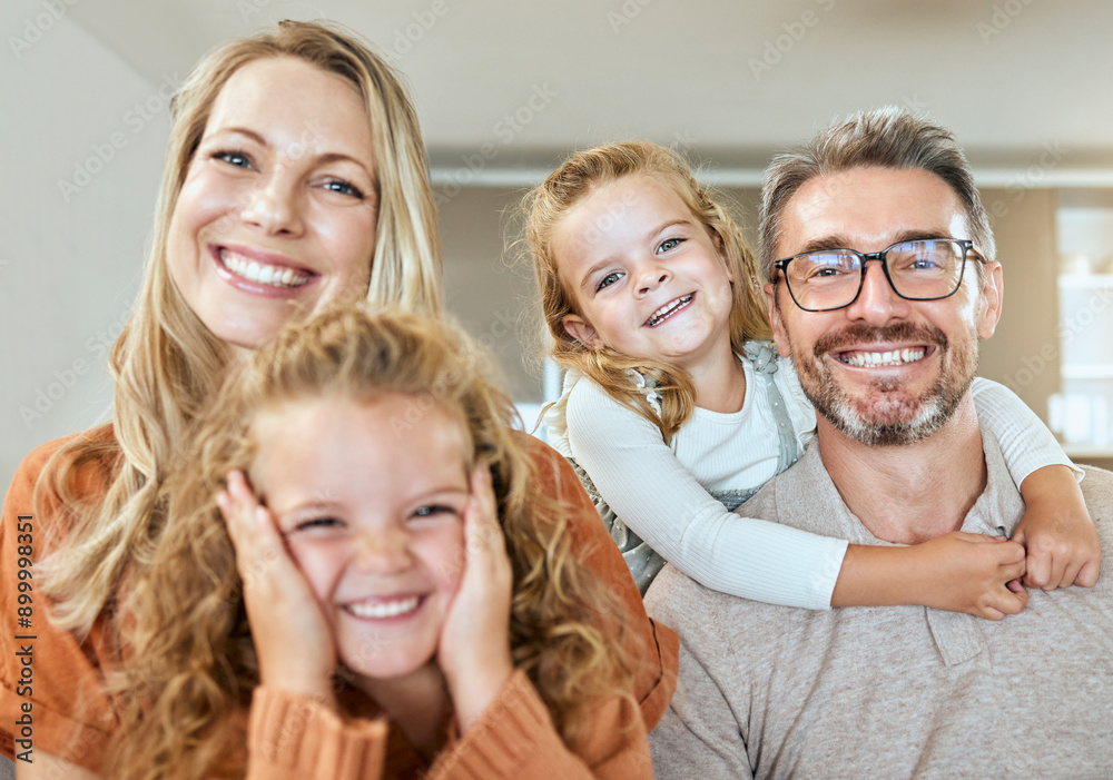 Sticker Happy family, mother and portrait of father with kids in home lounge for care, love or hug for support. Face, parents and girls smile for laugh, embrace and connection with sisters bonding together