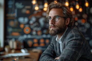 Obraz premium Strategic Clarity: A Businessman's Quest for Solutions to Complex Challenges