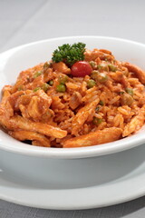 Chicken risotto with tomato sauce on a plate